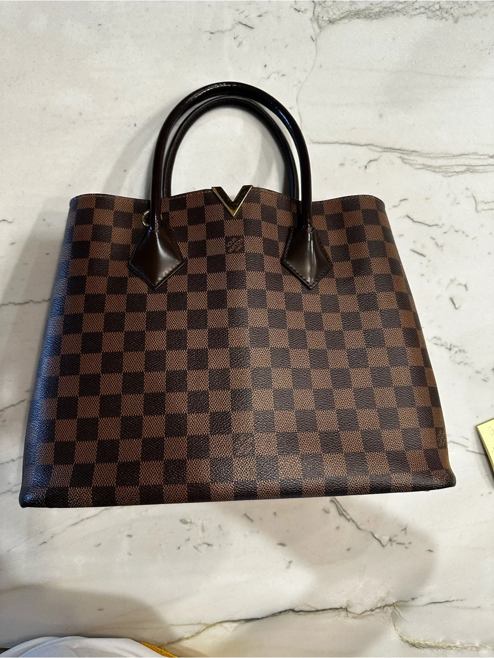 Louis Vuitton Brown Damier Ebene Kensington Canvas Tote with Gold V Detail